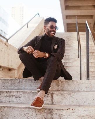 Dark Brown Turtleneck Outfits For Men: A dark brown turtleneck and a dark brown vertical striped suit are among the crucial elements in any guy's great wardrobe. Tobacco leather loafers will bring an added dose of class to an otherwise mostly dressed-down outfit.