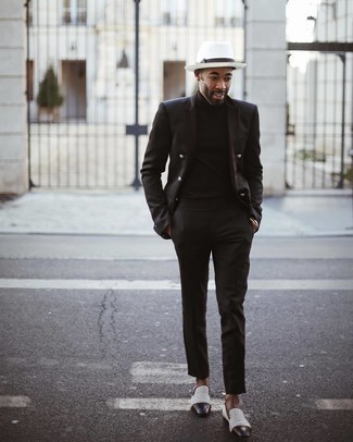 White Wool Hat Outfits For Men: A dark brown suit and a white wool hat are great menswear must-haves that will integrate perfectly within your off-duty wardrobe. To give your overall ensemble a more sophisticated twist, why not complement this getup with white and brown canvas loafers?