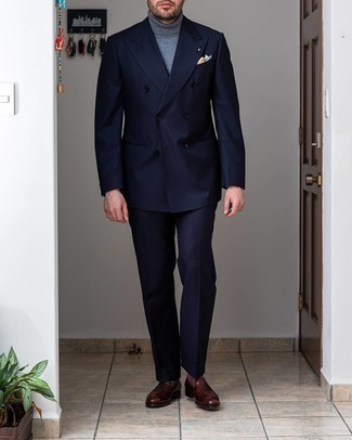 Grey Turtleneck with Navy Suit Outfits: For a look that's classy and truly gasp-worthy, wear a navy suit and a grey turtleneck. Look at how well this outfit pairs with dark brown leather loafers.