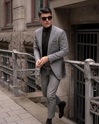 Men's Grey Suit, Dark Green Turtleneck, Dark Brown Leather Loafers, White Pocket Square