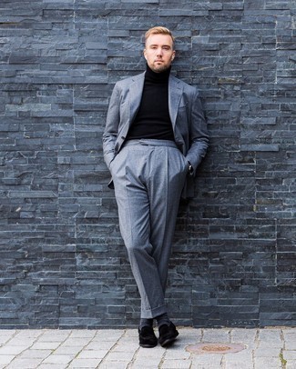 Black Turtleneck Dressy Outfits For Men: You'll be surprised at how extremely easy it is to throw together this refined look. Just a black turtleneck paired with a grey suit. If you're on the fence about how to finish off, add a pair of black suede loafers to this look.