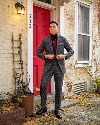 Charcoal Check Wool Suit Outfits: This polished combo of a charcoal check wool suit and a black turtleneck is really a statement-maker. Complement this look with black leather oxford shoes to immediately turn up the classy factor of your look.