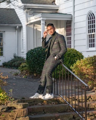 Men's Navy and Green Plaid Suit, Dark Green Turtleneck, White Leather Low Top Sneakers, Pink Pocket Square