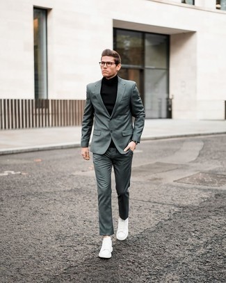 Men's Dark Green Suit, Black Turtleneck, White Leather Low Top Sneakers, Clear Sunglasses