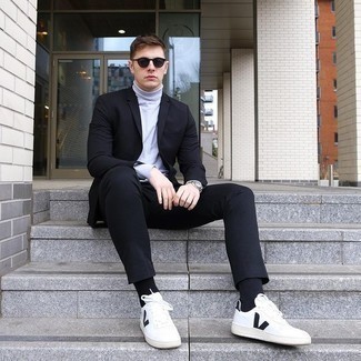 Men's Black Suit, Grey Turtleneck, White and Black Leather Low Top Sneakers, Charcoal Sunglasses