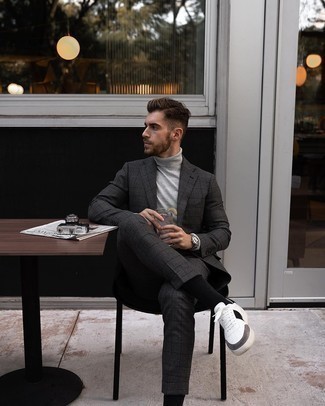 Men's Charcoal Plaid Suit, Grey Turtleneck, White and Black Leather Low Top Sneakers, Silver Watch