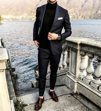 Dark Brown Leather Oxford Shoes Outfits: For masculine elegance with a modern finish, pair a black suit with a black turtleneck. A cool pair of dark brown leather oxford shoes is the most effective way to add a confident kick to the ensemble.