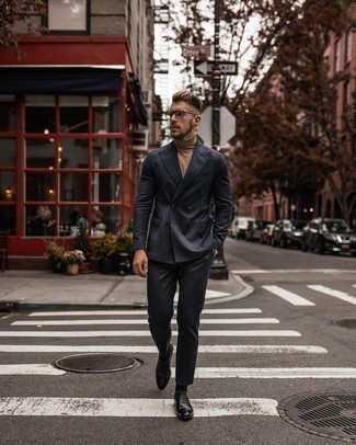 Beige Turtleneck Outfits For Men: This combination of a beige turtleneck and a navy suit is a winning option when you need to look classy and really smart. Our favorite of a myriad of ways to round off this getup is with dark brown leather oxford shoes.