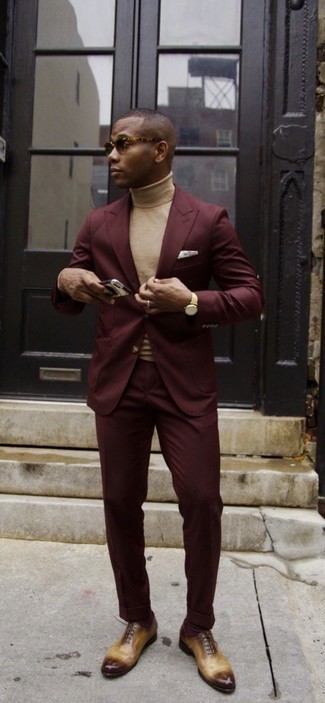 Tan Turtleneck Outfits For Men: This is definitive proof that a tan turtleneck and a burgundy suit look awesome when married together in a refined outfit for today's gentleman. Feeling adventerous? Change things up a bit by rounding off with tan leather oxford shoes.