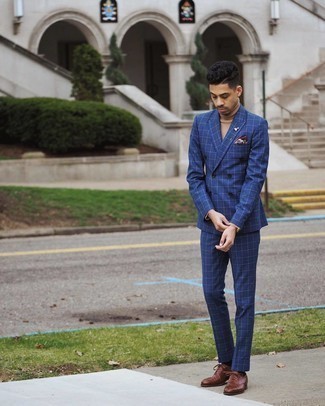 Red and Navy Pocket Square Outfits: You'll be amazed at how very easy it is for any guy to get dressed like this. Just a navy check suit matched with a red and navy pocket square. On the fence about how to complete this ensemble? Wear dark brown leather oxford shoes to amp it up.