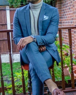 Grey Wool Turtleneck Outfits For Men: Wear a grey wool turtleneck with a blue plaid suit and you'll be the definition of rugged sophistication. A pair of brown leather tassel loafers immediately ramps up the fashion factor of this outfit.