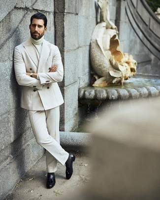 Men's White Suit, White Wool Turtleneck, Navy Leather Tassel Loafers, Dark Brown Leather Watch
