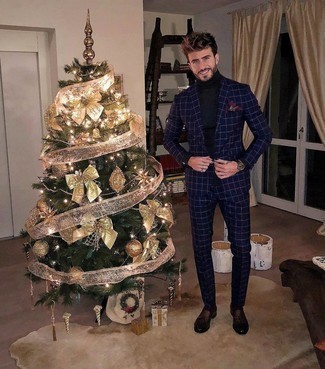 Navy Check Suit Outfits: If the dress code calls for a sophisticated yet cool getup, pair a navy check suit with a navy turtleneck. Tap into some David Beckham stylishness and smarten up your look with dark brown leather tassel loafers.