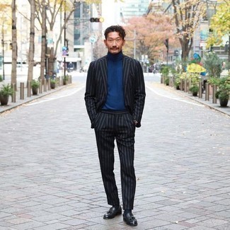 Two Piece Narrow Stripe Wool Suit Black