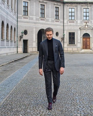 Black Turtleneck Dressy Outfits For Men: A black turtleneck looks so polished when combined with a charcoal suit. Complete your outfit with a pair of burgundy leather tassel loafers and the whole getup will come together brilliantly.