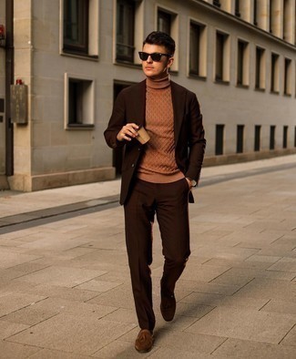 Men's Dark Brown Suit, Tobacco Knit Wool Turtleneck, Brown Suede Tassel Loafers, Black Sunglasses