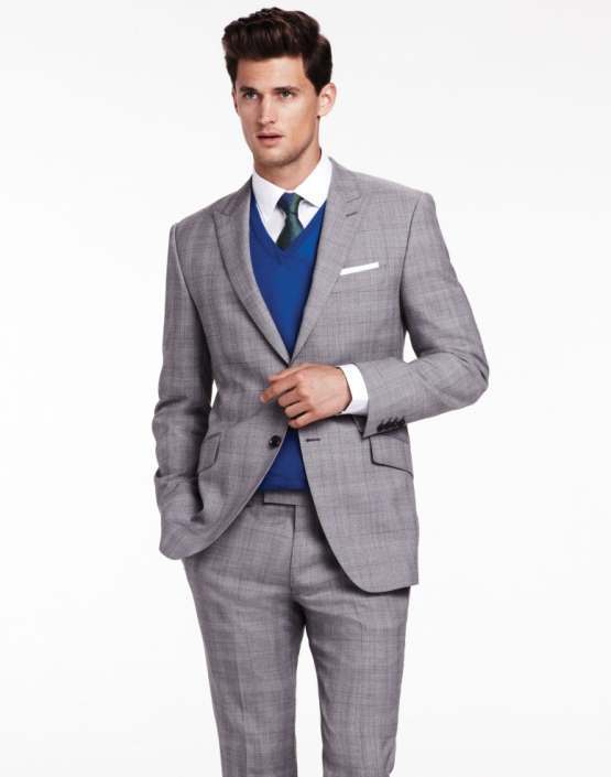 Men's Grey Plaid Suit, Blue V-neck Sweater, | Men's Fashion