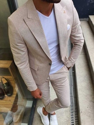 White Leather Double Monks Outfits: Rock a beige suit with a white v-neck t-shirt for a dapper getup. A pair of white leather double monks instantly dials up the classy factor of any outfit.