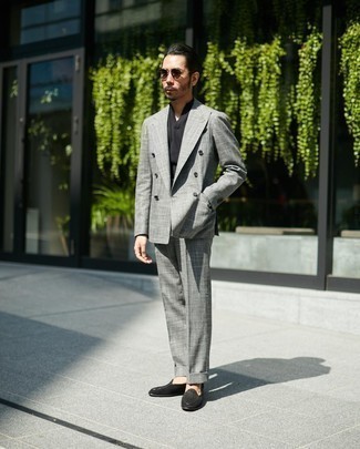 Grey Check Suit Outfits: Putting together a grey check suit and a black v-neck t-shirt is a guaranteed way to inject your current rotation with some relaxed elegance. A trendy pair of black suede loafers is the simplest way to bring a dash of class to this look.