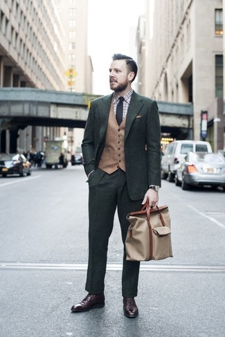 Beige Canvas Tote Bag Outfits For Men: A dark green suit and a beige canvas tote bag will give off this relaxed and dapper vibe. For something more on the classier side to round off this ensemble, introduce a pair of dark brown leather dress boots to your ensemble.
