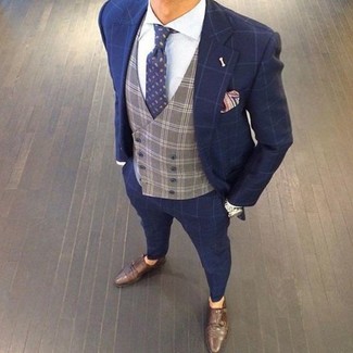 Multi colored Pocket Square Outfits: A navy check suit and a multi colored pocket square are must-have menswear pieces to have in your casual box. Why not take a classic approach with shoes and enter dark brown leather double monks into the equation?