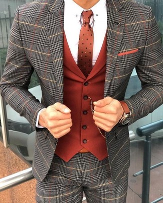 Orange Polka Dot Tie Outfits For Men: This classy pairing of a grey plaid suit and an orange polka dot tie will prove your outfit coordination skills.