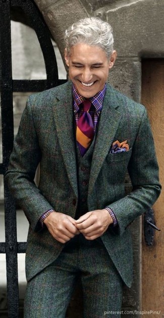 Olive Check Waistcoat Outfits: Marrying an olive check waistcoat and a dark green check wool suit is a fail-safe way to infuse manly elegance into your wardrobe.