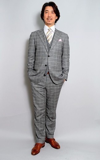 Grey Horizontal Striped Tie Outfits For Men: A grey check suit and a grey horizontal striped tie are absolute mainstays if you're crafting a refined wardrobe that holds to the highest sartorial standards. You can get a bit experimental with shoes and tone down this ensemble by rounding off with tobacco leather monks.
