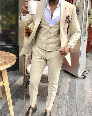Dark Brown Leather Monks Outfits: This classy combination of a beige suit and a beige waistcoat is a common choice among the dapper chaps. Complete this look with dark brown leather monks to bring a sense of stylish casualness to your outfit.