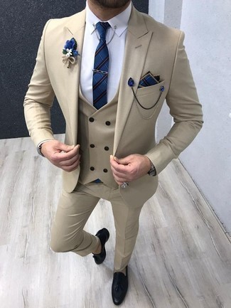 Tan Waistcoat Outfits: For a look that's absolutely GQ-worthy, try pairing a tan waistcoat with a beige suit. Throw a pair of black leather tassel loafers in the mix to add a sense of stylish casualness to your look.