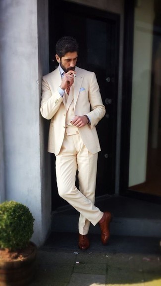 Tan Waistcoat Outfits: Team a tan waistcoat with a beige suit if you're aiming for a proper, classic look. Complement your outfit with brown leather oxford shoes to bring a dose of stylish effortlessness to this ensemble.