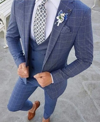 Navy Check Suit Outfits: Putting together a navy check suit with a blue waistcoat is a good idea for a sharp and polished ensemble. And if you want to easily tone down this ensemble with footwear, complement this look with a pair of brown leather tassel loafers.
