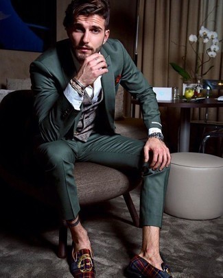 Navy Velvet Loafers Outfits For Men: Combining a dark green suit and a grey plaid waistcoat is a fail-safe way to breathe an elegant touch into your day-to-day collection. Got bored with this ensemble? Let a pair of navy velvet loafers mix things up.
