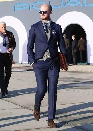 Grey Waistcoat Outfits: Pair a grey waistcoat with a navy suit for a proper sophisticated getup. Take this outfit in a whole other direction by rocking a pair of brown suede tassel loafers.
