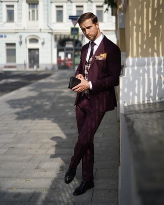 Burgundy Suit Outfits: This outfit clearly illustrates that it is totally worth investing in such elegant menswear items as a burgundy suit and a beige plaid waistcoat. Add black leather oxford shoes to your look to inject a dose of stylish effortlessness into this look.
