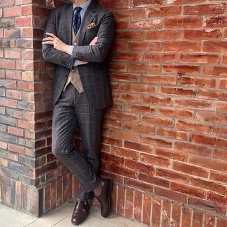 Dark Brown Leather Double Monks Fall Outfits: This pairing of a dark brown check suit and a tan wool waistcoat is seriously stylish and provides instant class. And if you want to easily dial down this ensemble with one single piece, opt for a pair of dark brown leather double monks. This one is a viable idea if you're picking out an amazing transition look.