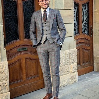 Charcoal Check Wool Waistcoat Outfits: Pair a charcoal check wool waistcoat with a grey check wool suit if you're going for a neat, stylish ensemble. Brown leather oxford shoes complete this outfit quite well.