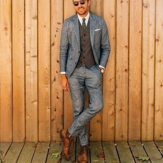 Brown Wool Waistcoat Outfits: For classic style with a fashionable spin, team a brown wool waistcoat with a blue suit. Get a bit experimental with shoes and complete your outfit with a pair of brown leather casual boots.