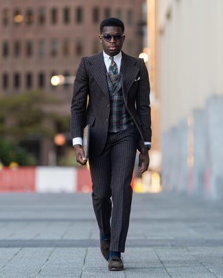 Dark Green Socks Outfits For Men: Make a black vertical striped wool suit and dark green socks your outfit choice to assemble an everyday look that's full of charm and personality. For a truly modern mix, complete this ensemble with a pair of dark brown suede tassel loafers.