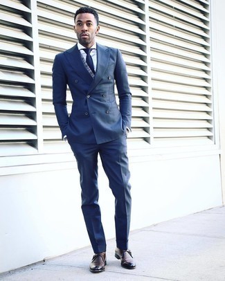 Navy Suit Outfits: This pairing of a navy suit and a light blue plaid waistcoat oozes class and refinement. To give your overall outfit a more casual vibe, add a pair of dark brown leather monks to the equation.
