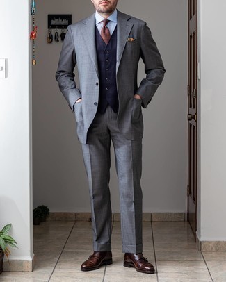 Navy Coat Outfits For Men: Wear a navy coat and a grey suit for a chic and elegant look. Why not take a classic approach with shoes and complete your ensemble with a pair of dark brown leather double monks?