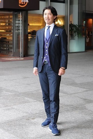 Men's Navy Suit, Light Violet Waistcoat, White Vertical Striped Dress Shirt, Navy and White Athletic Shoes