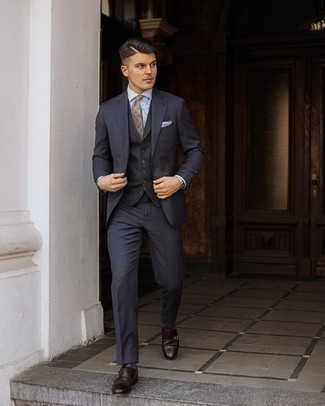 Black Waistcoat Outfits: This polished pairing of a black waistcoat and a navy check suit is really a statement-maker. Let your sartorial skills truly shine by finishing off your outfit with dark brown leather double monks.