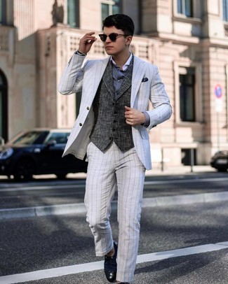 Navy and White Pocket Square Outfits: Go for a pared down but at the same time casually cool choice by wearing a grey vertical striped suit and a navy and white pocket square. If you wish to easily step up this ensemble with one single item, why not complement your getup with a pair of navy canvas derby shoes?