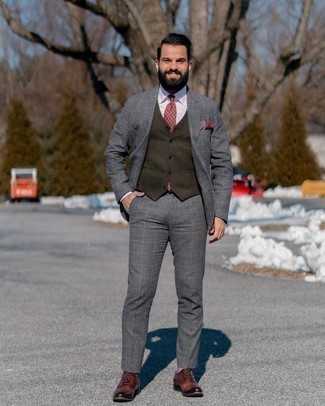 Burgundy Print Socks Outfits For Men: A charcoal check suit and burgundy print socks are true menswear staples if you're putting together a casual wardrobe that matches up to the highest fashion standards. Bring an elegant twist to this outfit with dark brown leather oxford shoes.