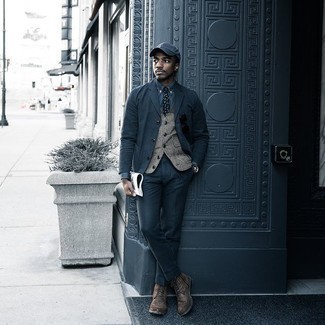 Grey Wool Waistcoat Chill Weather Outfits: Marrying a grey wool waistcoat and a charcoal suit will cement your styling expertise. For a more casual aesthetic, why not introduce dark brown suede brogue boots to the equation?