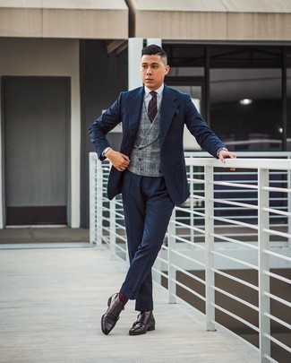 Grey Plaid Wool Waistcoat Outfits: This is irrefutable proof that a grey plaid wool waistcoat and a navy suit look amazing paired together in a polished look for a modern dandy. For shoes, you could follow a more casual route with dark brown leather double monks.