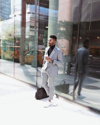 White Suit Outfits: This pairing of a white suit and a black and white gingham waistcoat is a never-failing option when you need to look really sharp and refined. Our favorite of an infinite number of ways to finish this outfit is with a pair of white canvas low top sneakers.