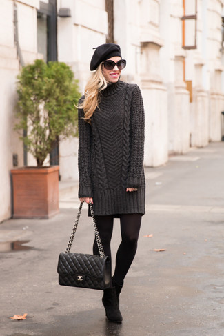 Black Beret Outfits: The pairing of a charcoal sweater dress and a black beret makes for a solid relaxed casual ensemble. For something more on the sophisticated side to round off this getup, go for black suede ankle boots.