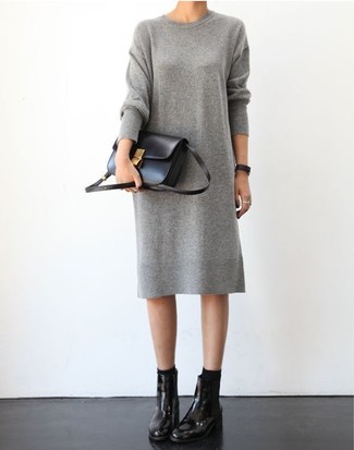 Women's Grey Sweater Dress, Black Leather Chelsea Boots, Black Leather Crossbody Bag, Black Socks